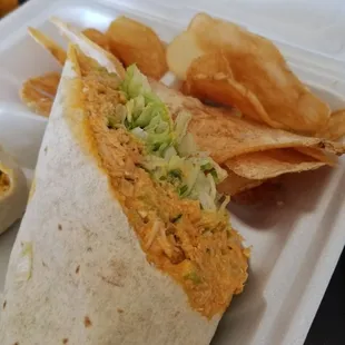 Buffalo chicken salad wrap and potato chips