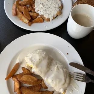 Chicken fried steak and eggs, sausage egg and biscuits with gravy