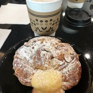 Yummy almond croissant and hot chocolate with whipped cream!