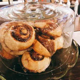 cinnamon buns under a glass dome