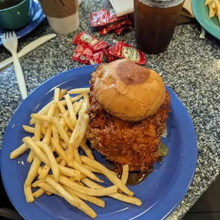 Spicy chicken sandwich and fries