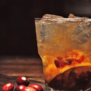 Old School |: Bulleit Rye, brown sugar thyme syrup, fresh muddled cranberries and orange :|
