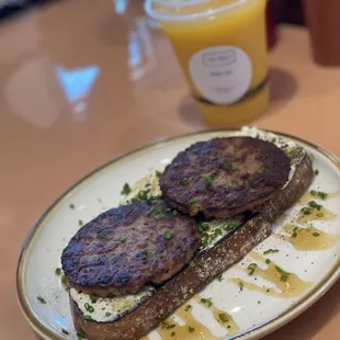 feta and honey toast with added impossible sausage patties