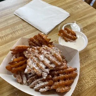 Sweet Potato Waffle Fries with marshmallow dipping sauce. Surprisingly scrumptious!