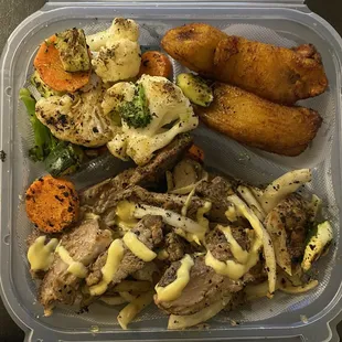 Dibi Khar Plate with grilled vegetables and plantains as the sides