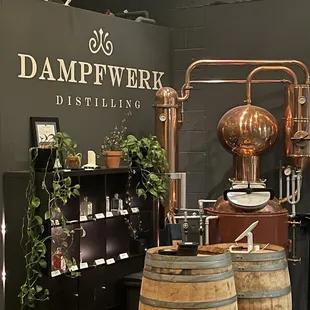 a display of old barrels