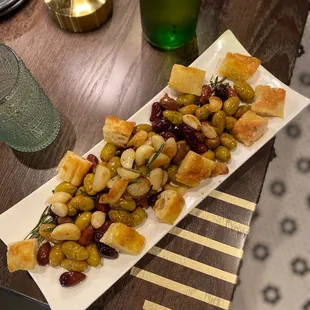 Marinated olives with focaccia bread