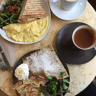 Crepe suite and goat cheese omelet paired with Apple chai-der and Cinnabon latte