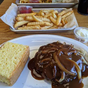 Hamburger steak with fat fries