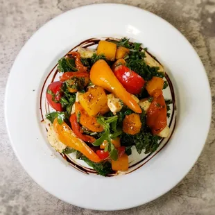 Special: Heirloom tomato, roasted peach and baby kale salad with mozzarella, sweet peppers and roasted shallot vinaigrette