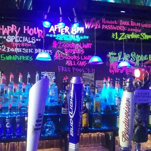 Happy Hour Specials 4p-8p, weekly whacky fun stuff to do, free pool  7p-11p, after 8pm specials.