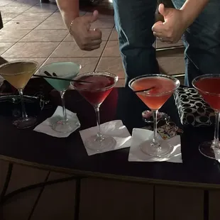 From left to right, Lemon Drop, Grasshopper, Raspberry Blast, Pink Torpedo and Pomegranate Martini.  Very delicious!!