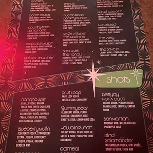 a menu for shots