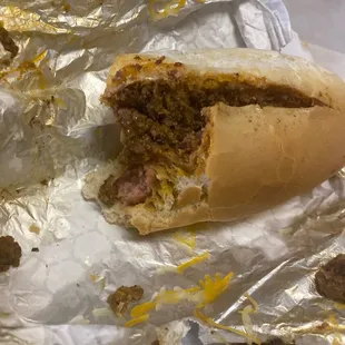 a half eaten hot dog