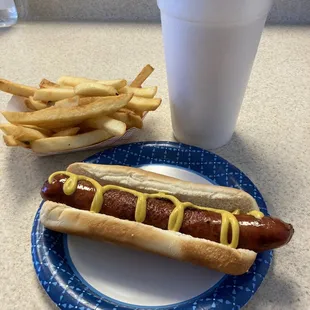 The Tuesday special- Polish sausage with mustard, fries and an unsweetened tea. It&apos;s one of their weekly specials.