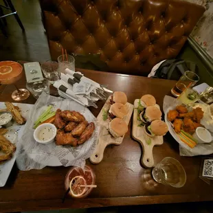 Sliders, wings, buffalo chicken spring rolls.