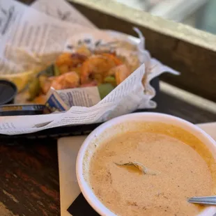 She crab soup (front); steamed shrimp (back)