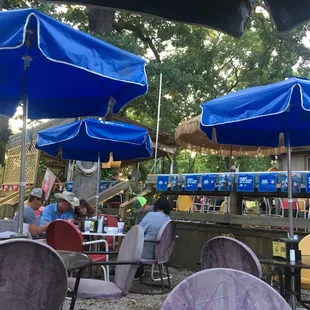 people sitting under blue umbrellas