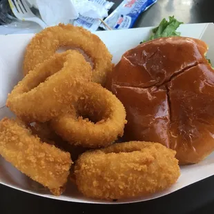 a burger and onion rings