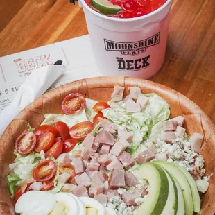 Turkey Cobb Salad * shredded iceberg, turkey, smoked bacon, cherry tomatoes, hard boiled egg, blue cheese, avocado, green goddess dressing