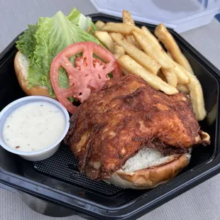 Fish sandwich to go (no cheese).  Very good.