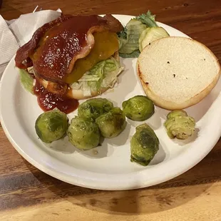 BBQ Cajun burger &amp; side of Brussel sprouts