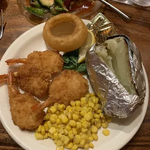 Breaded shrimp special with baked potato
