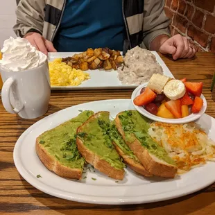 Avocado toast, hash browns, eggs, biscuits and gravy, home fried potatoes