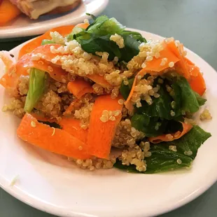 Quinoa with carrots and pea tendrils