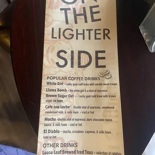 Coffee menu