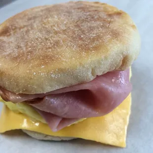 Ham, egg and cheese on English muffin