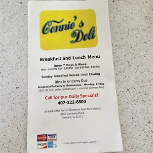 a menu for breakfast and lunch