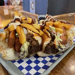 Sloppy BBQ Brisket & Sausage Sandwich