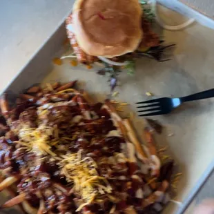 BBQ Poutine Fries and chicken sandwich.