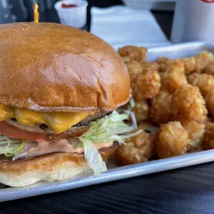 The All American! Char broiled and coifed to order! Super hot, just cooked gator tots! Hell yes!