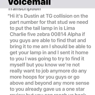 Transcript of msg Dustin left asking me to find and buy part for him.