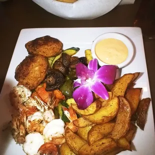 Crab cakes and grilled shrimp