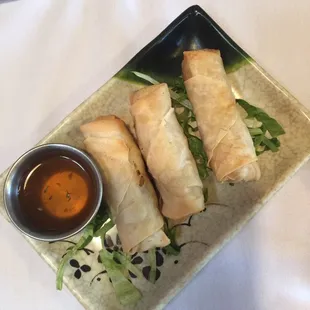 Spring rolls appetizer with zesty dipping sauce.