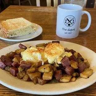 Corned beef hash with poached eggs and sourdough toast