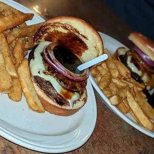 Hawaiian Burger cooked perfectly, swiss cheese, grilled pineapple, red onion, awesome sweet teriyaki type sauce! Crispy, yummy fries