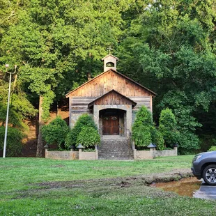 a car parked in front of it