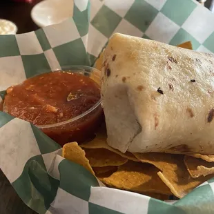 Brisket burrito with tortilla chips and salsa