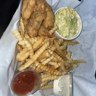 Steak fingers with fries and Cole slaw