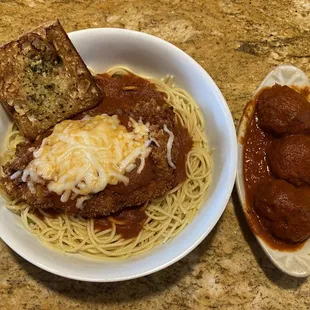 Chicken Parmesan with a side of meatballs. The chicken was a thick cut of juicy chicken, not some dried out thin slab of chicken. SO good!