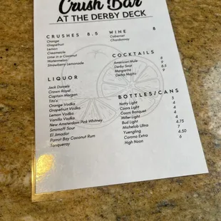 Crush bar menu