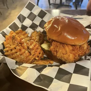 Nashville Chicken Sandwich with House Sauce and Truffle Oil Fries