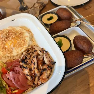 Grilled chicken Filipino Brunch Bowl and Longanisa Corn Dogs