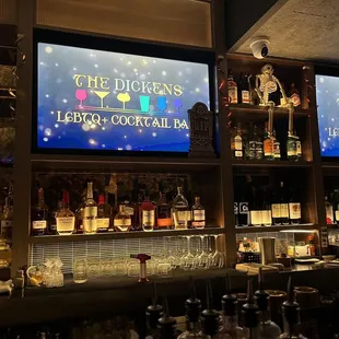 The view of behind the bar, decorated for Halloween.