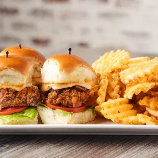 two sliders and fries on a plate