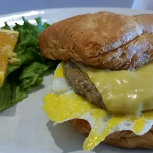 Egg , Sausage and Cheese Croissant Sandwich.